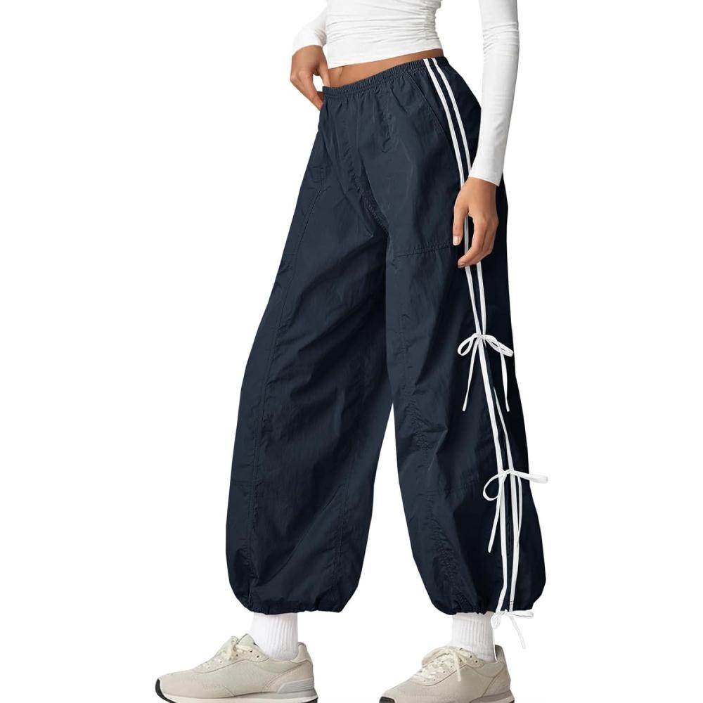 image:imageFisoew Womens Wide Leg Track Pants Casual Elastic Waist Bow Tie Y2K Baggy Sweatpants with PocketsNavy