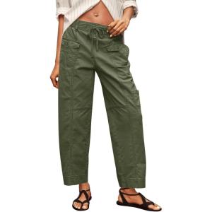 Fisoew Womens 100% Cotton Cargo Pants Drawstring Elastic Waist Casual Hiking Work Pants with Multiple Pockets(Army Green)