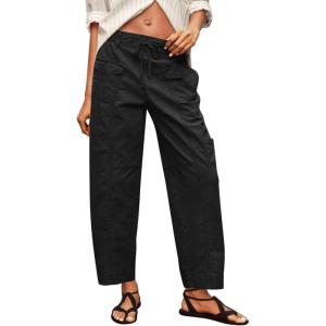 Fisoew Womens 100% Cotton Cargo Pants Drawstring Elastic Waist Casual Hiking Work Pants with Multiple Pockets(Black)