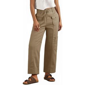 Fisoew Womens 100% Cotton Cargo Pants Drawstring Elastic Waist Casual Hiking Work Pants with Multiple Pockets(Dark Khaki)