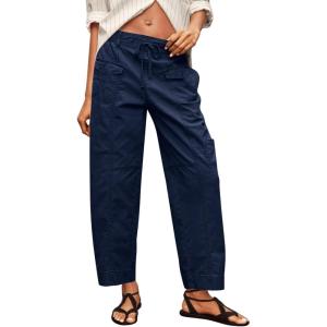 Fisoew Womens 100% Cotton Cargo Pants Drawstring Elastic Waist Casual Hiking Work Pants with Multiple Pockets(Navy)