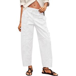 Fisoew Womens 100% Cotton Cargo Pants Drawstring Elastic Waist Casual Hiking Work Pants with Multiple Pockets(White)