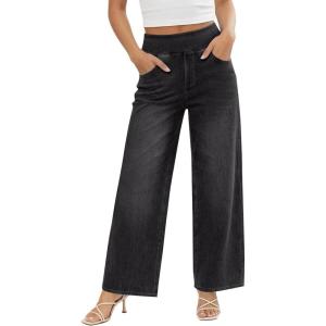 Fisoew Womens Baggy Wide Leg Jeans High Waisted Pull On Straight Leg Stretchy Jeans Boyfriend Denim Pants(Black Gray)