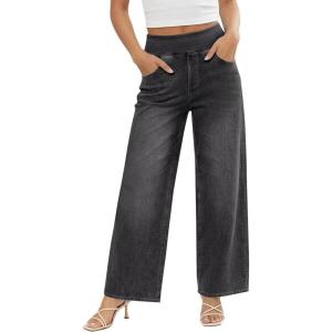 Fisoew Womens Baggy Wide Leg Jeans High Waisted Pull On Straight Leg Stretchy Jeans Boyfriend Denim Pants(Gray)