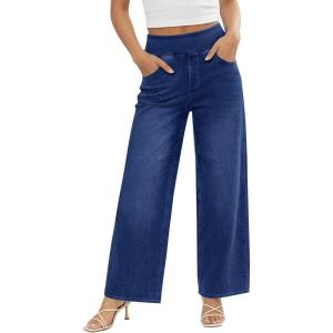 Fisoew Womens Baggy Wide Leg Jeans High Waisted Pull On Straight Leg Stretchy Jeans Boyfriend Denim Pants(Navy)