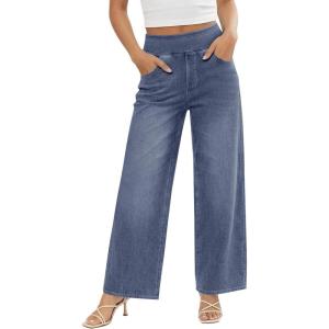 Fisoew Womens Baggy Wide Leg Jeans High Waisted Pull On Straight Leg Stretchy Jeans Boyfriend Denim Pants(Wash Blue)