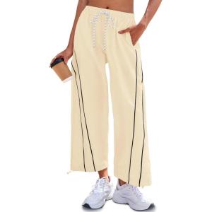 Fisoew Womens Baggy Wide Leg Pants Casual Elastic Waist Drawstring Hiking Workout Cropped Pants with Pockets(Apricot)