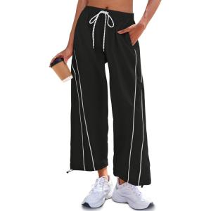 Fisoew Womens Baggy Wide Leg Pants Casual Elastic Waist Drawstring Hiking Workout Cropped Pants with Pockets(Black)