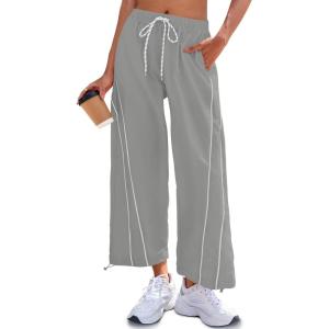 Fisoew Womens Baggy Wide Leg Pants Casual Elastic Waist Drawstring Hiking Workout Cropped Pants with Pockets(Light Grey)