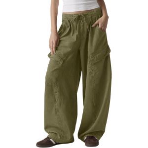 Fisoew Womens Barrel Baggy Cargo Pants Elastic Waist Wide Leg Casual Pants Y2K Streetwear with Multi Pockets 2026(Army Green)
