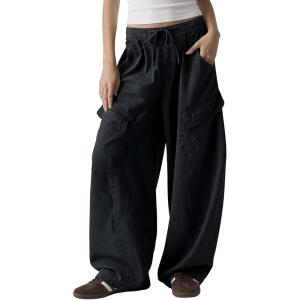 Fisoew Womens Barrel Baggy Cargo Pants Elastic Waist Wide Leg Casual Pants Y2K Streetwear with Multi Pockets 2026(Black)