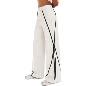 Fisoew Womens Casual Wide Leg Pants Straight Leg Trousers Splicing Line High Waisted Side Striped Palazzo Pants(Beige)
