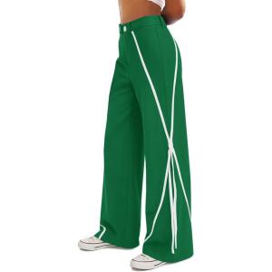 Fisoew Womens Casual Wide Leg Pants Straight Leg Trousers Splicing Line High Waisted Side Striped Palazzo Pants(Dark Green)