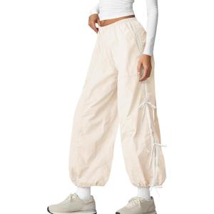 Fisoew Women’s Wide Leg Track Pants Casual Elastic Waist Bow Tie Y2K Baggy Sweatpants with Pockets(Beige)
