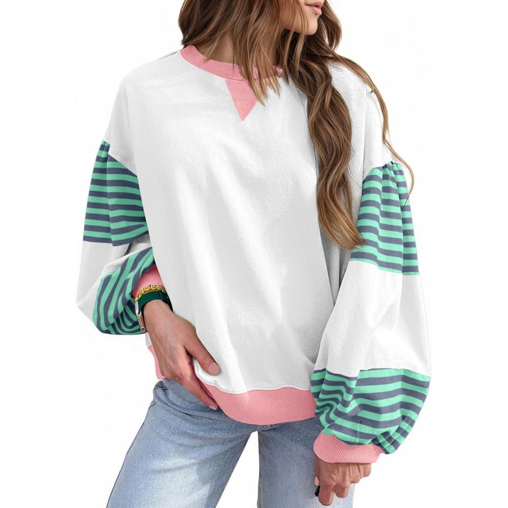 image:imageFisoew Womens Color Block Oversized Sweatshirt Casual Lantern Long Sleeve Crewneck Striped Pullover Tops Fall Outfits White