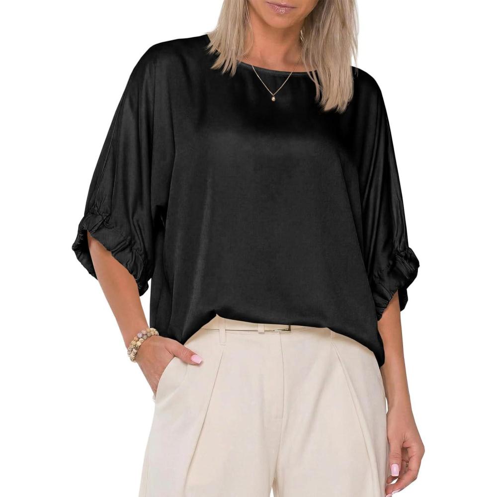 image:imageFisoew Womens Silk Satin Tops Batwing Half Sleeve Boat Neck Shirts Loose Fit Dressy Business Casual BlousesBlack