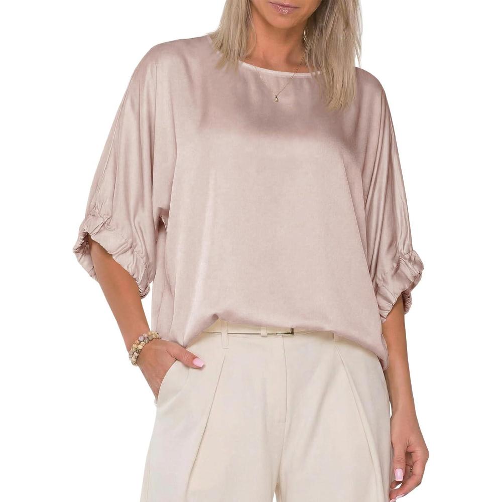 image:imageFisoew Womens Silk Satin Tops Batwing Half Sleeve Boat Neck Shirts Loose Fit Dressy Business Casual BlousesKhaki