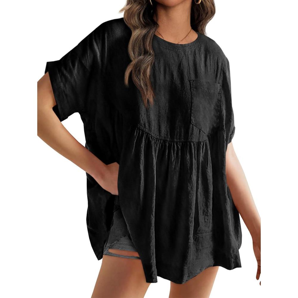 image:imageFisoew Womens Summer Short Sleeve Babydoll Tops Casual Loose Fit Maternity Peplum Oversized Tunic ShirtsBlack