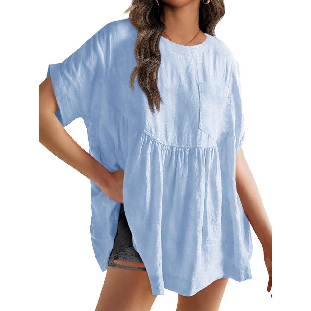 image:imageFisoew Womens Summer Short Sleeve Babydoll Tops Casual Loose Fit Maternity Peplum Oversized Tunic ShirtsLight Blue