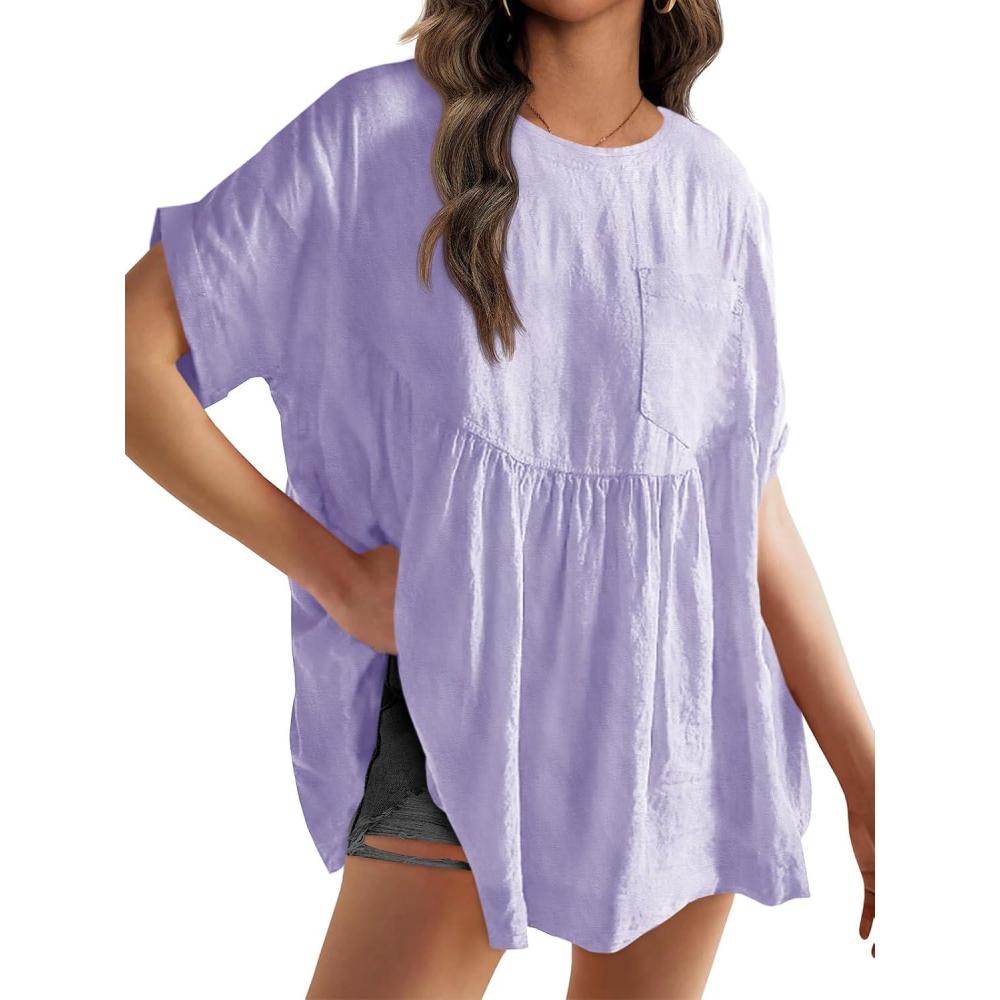 image:imageFisoew Womens Summer Short Sleeve Babydoll Tops Casual Loose Fit Maternity Peplum Oversized Tunic ShirtsLight Purple