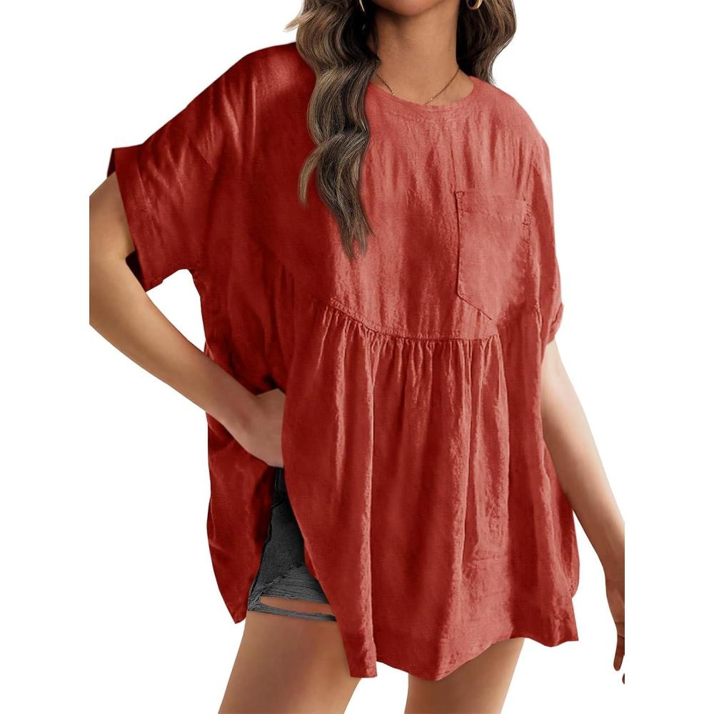 image:imageFisoew Womens Summer Short Sleeve Babydoll Tops Casual Loose Fit Maternity Peplum Oversized Tunic ShirtsOrange Red