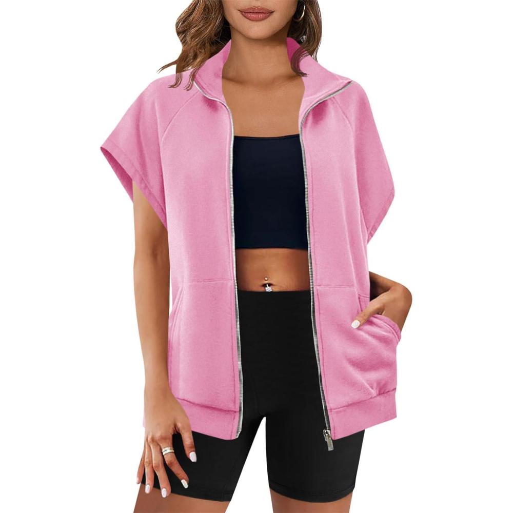 image:imageFisoew Womens Zip Up Sweatshirts Sleeveless Oversized Casual Solid Color Sweatshirt with pocketsPink