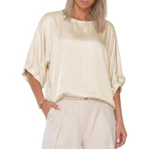 Fisoew Womens Silk Satin Tops Batwing Half Sleeve Boat Neck Shirts Loose Fit Dressy Business Casual Blouses(Beige)