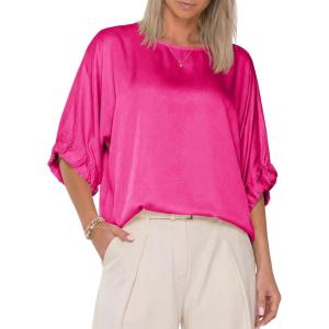 Fisoew Womens Silk Satin Tops Batwing Half Sleeve Boat Neck Shirts Loose Fit Dressy Business Casual Blouses(Rose Red)