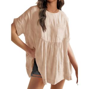 Fisoew Womens Summer Short Sleeve Babydoll Tops Casual Loose Fit Maternity Peplum Oversized Tunic Shirts(Khaki)