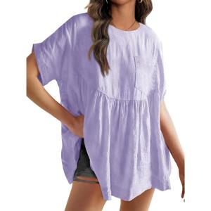 Fisoew Womens Summer Short Sleeve Babydoll Tops Casual Loose Fit Maternity Peplum Oversized Tunic Shirts(Light Purple)