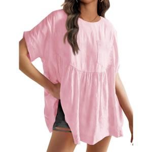 Fisoew Womens Summer Short Sleeve Babydoll Tops Casual Loose Fit Maternity Peplum Oversized Tunic Shirts(Pink)