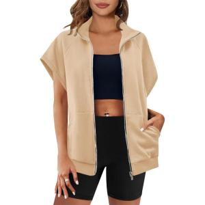 Fisoew Women’s Zip Up Sweatshirts Sleeveless Oversized Casual Solid Color Sweatshirt with pockets(Beige)