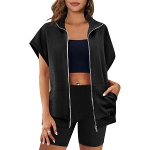 Fisoew Women’s Zip Up Sweatshirts Sleeveless Oversized Casual Solid Color Sweatshirt with pockets(Black)