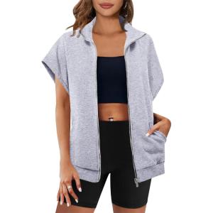 Fisoew Women’s Zip Up Sweatshirts Sleeveless Oversized Casual Solid Color Sweatshirt with pockets(Grey)