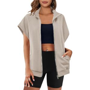 Fisoew Women’s Zip Up Sweatshirts Sleeveless Oversized Casual Solid Color Sweatshirt with pockets(Khaki)