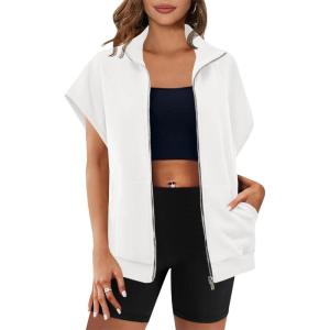 Fisoew Women’s Zip Up Sweatshirts Sleeveless Oversized Casual Solid Color Sweatshirt with pockets(White)