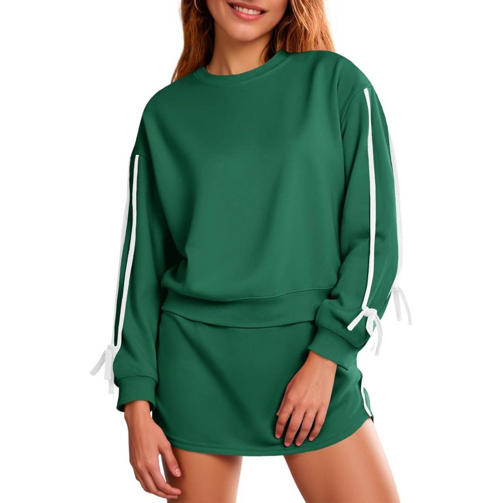 image:imageFisoew Womens 2 Piece Outfits Casual Crewneck Tie Sweatshirt High Waisted Running Skort Skirts Workout Tracksuit SetsDark Green