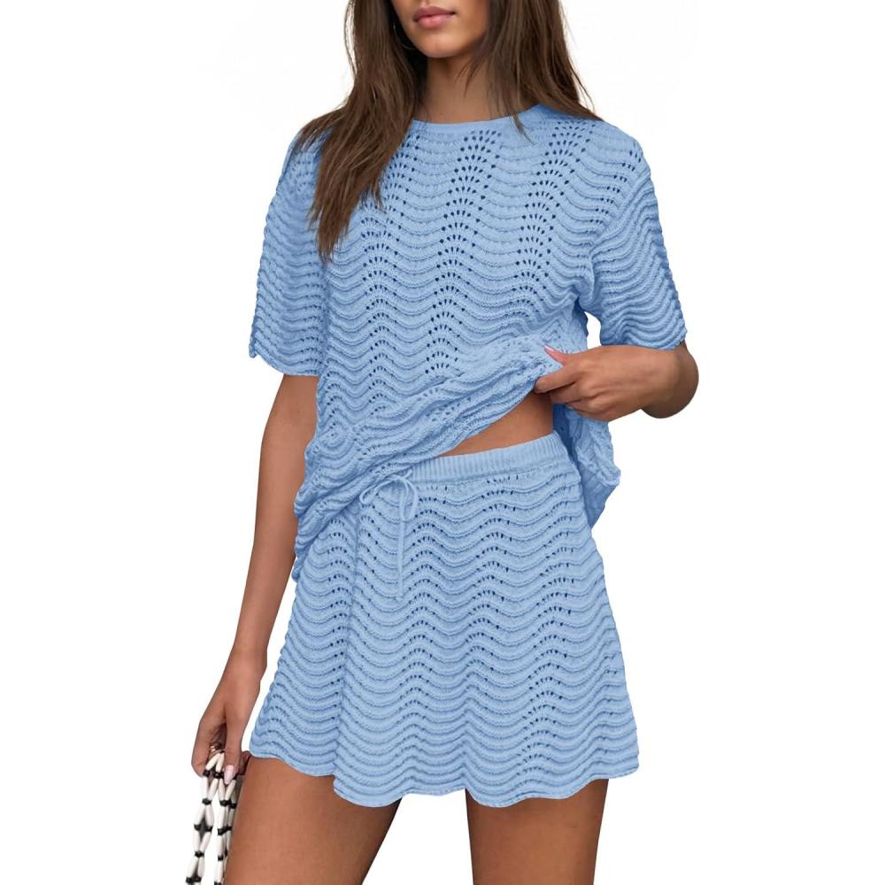 image:imageFisoew Womens Crochet Swimsuit Coverup 2 Piece Skirt Sets Bathing Suit Cover Up Knit Beach Vacation Clothes Summer OutfitsBlue