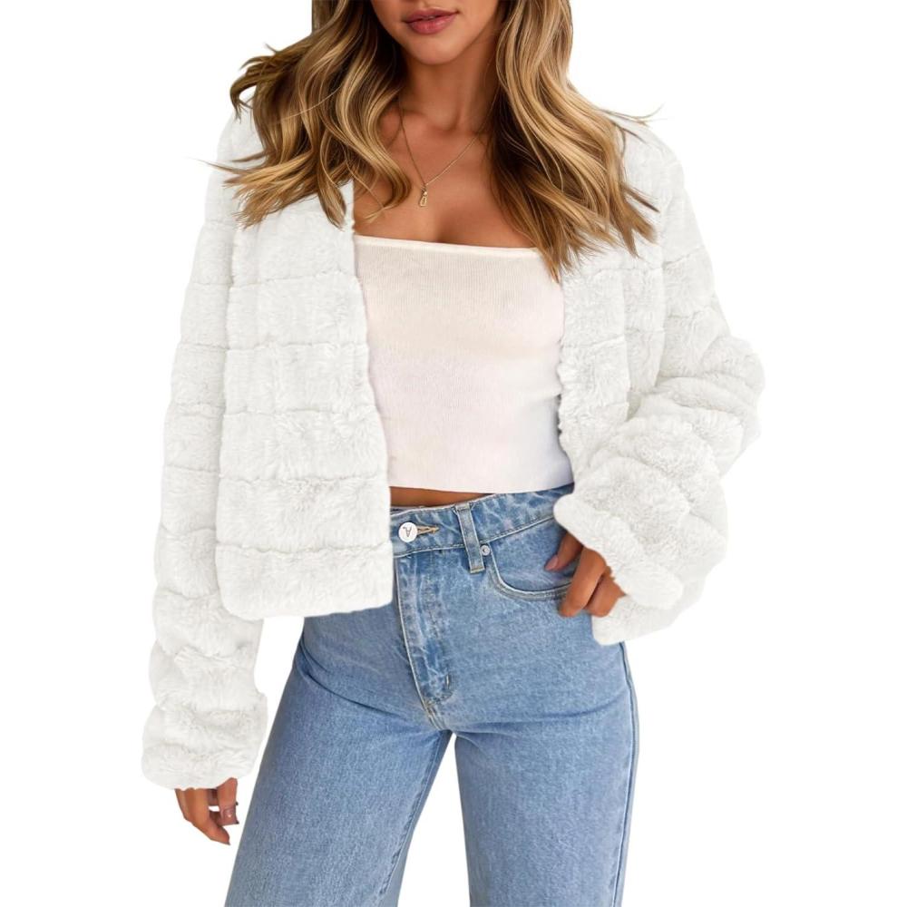 image:imageFisoew Womens Cropped Faux Fur Jackets Long Sleeve Open Front Fluffy Short CoatsBeige