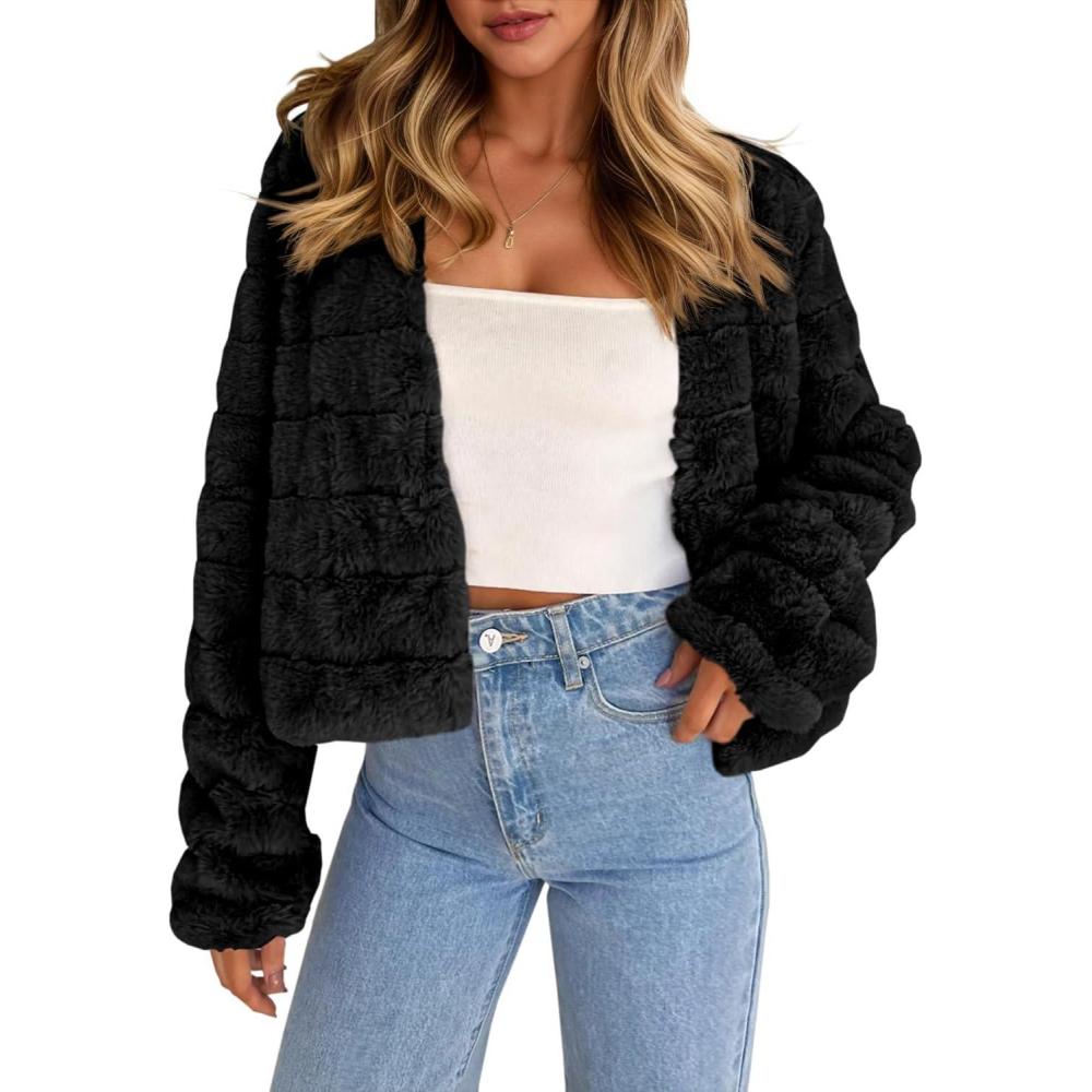 image:imageFisoew Womens Cropped Faux Fur Jackets Long Sleeve Open Front Fluffy Short CoatsBlack