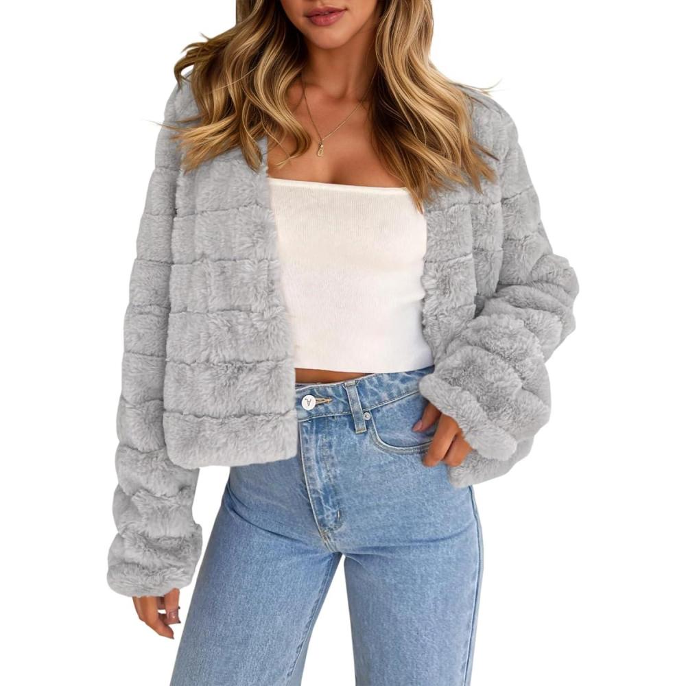 image:imageFisoew Womens Cropped Faux Fur Jackets Long Sleeve Open Front Fluffy Short CoatsGrey