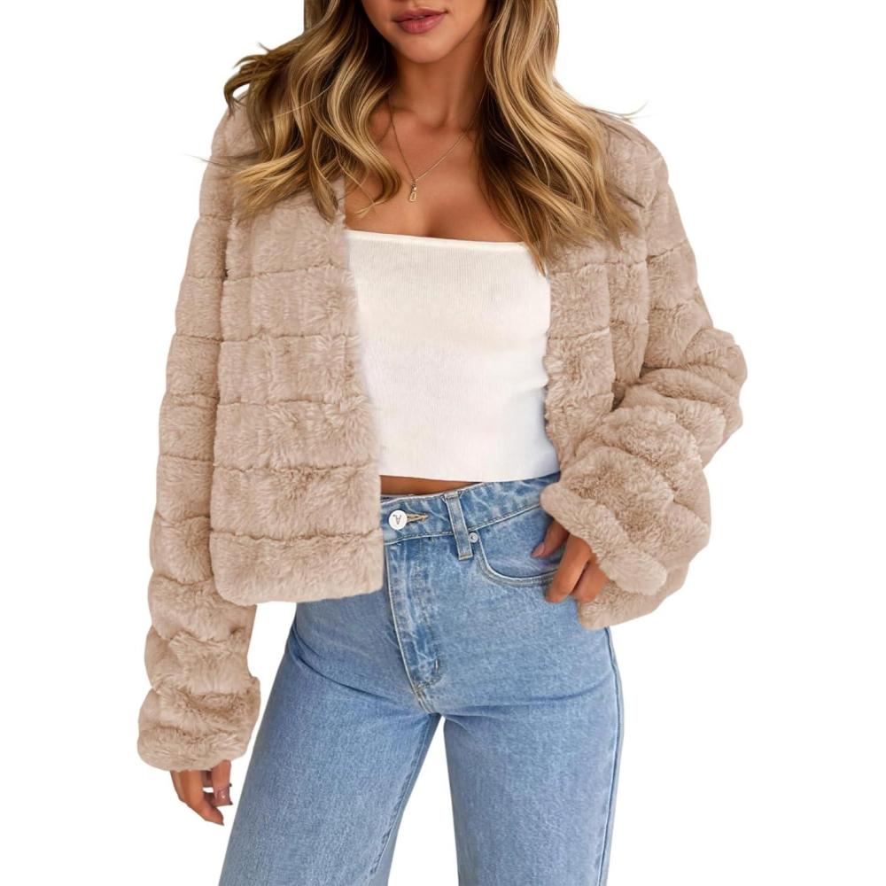 image:imageFisoew Womens Cropped Faux Fur Jackets Long Sleeve Open Front Fluffy Short CoatsKhaki