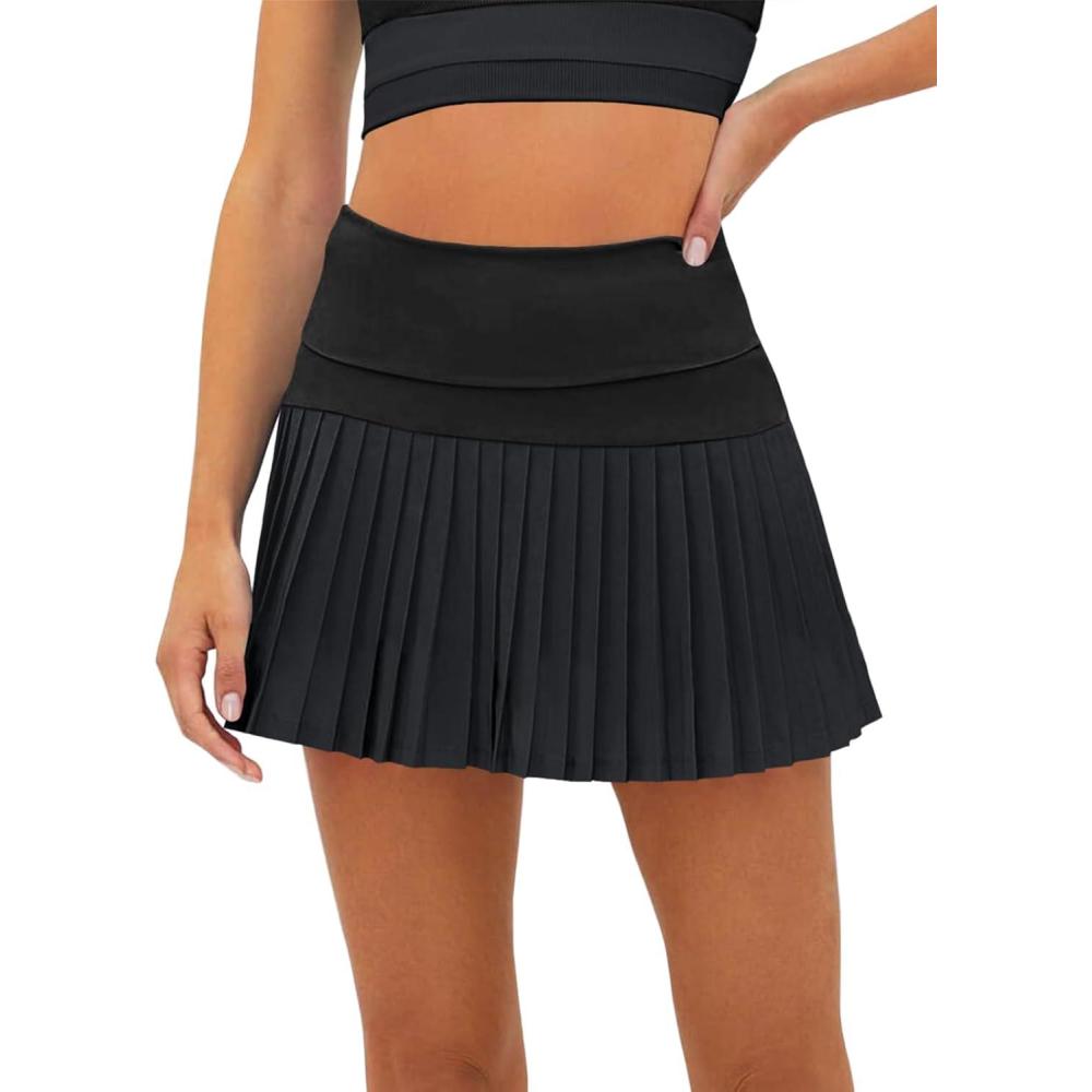 image:imageFisoew Womens High Waisted Tennis Skirts Color Block Pleated Athletic Golf Skorts with Built in ShortsPure Black