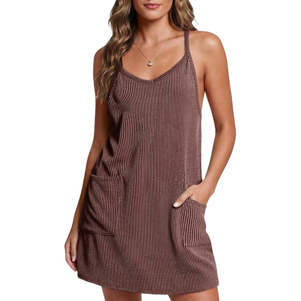 image:imageFisoew Womens Tennis Athletic Dress Mini Romper Dress with Built in Shorts Summer Vacation OutfitsCcoffee