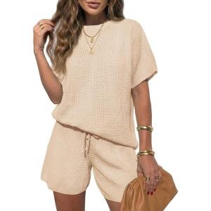 Fisoew Womens 2 Piece Lounge Sets 2026 Summer Short Sleeve Knit Sweater Loose Shorts Set Casual Matching Travel Outfits(Apricot)
