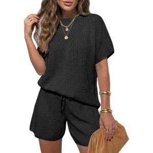 Fisoew Womens 2 Piece Lounge Sets 2026 Summer Short Sleeve Knit Sweater Loose Shorts Set Casual Matching Travel Outfits(Black)