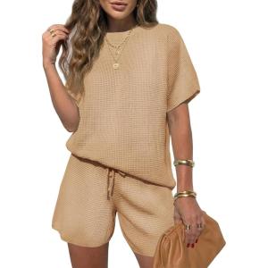 Fisoew Womens 2 Piece Lounge Sets 2026 Summer Short Sleeve Knit Sweater Loose Shorts Set Casual Matching Travel Outfits(Khaki)