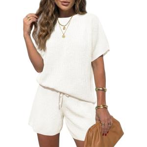 Fisoew Womens 2 Piece Lounge Sets 2026 Summer Short Sleeve Knit Sweater Loose Shorts Set Casual Matching Travel Outfits(White)
