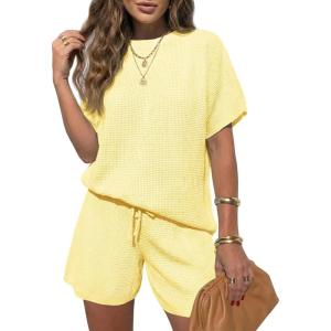 Fisoew Womens 2 Piece Lounge Sets 2026 Summer Short Sleeve Knit Sweater Loose Shorts Set Casual Matching Travel Outfits(Yellow)