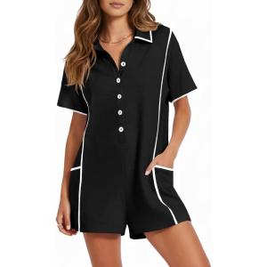 Fisoew Womens Casual Rompers Summer Short Sleeve Polo V Neck Button Down Loose Fit Short Jumpsuits Outfits with Pockets(Black)